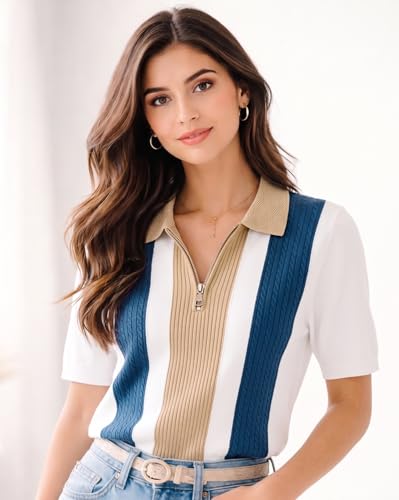 Image of AUSK Women's Casual Summer Polo Knit T-Shirt | Zip Collar Top | Half Sleeves | Ribbed Panel Design | Lightweight Comfort | Regular Fit