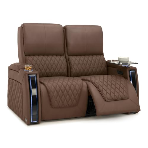 Image of Seatcraft Apex Tobacco Italian Leather Home Theater Seating, Zero Gravity Power Recliner Chair, Powered Headrest and Lumbar Gaming and Lounge Sofa Furniture for Cinema Room, Row of 2 Loveseats