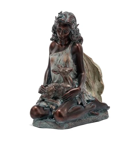 Napco Fairy Angel Forest Animal Deer 13 x 11.5 x 8 inches Bronze Resin Stone Collectible Figurine Statue Sculpture, Indoor Outdoor Garden Décor
