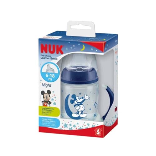NUK Garrafa de aprendizagem da Disney Mickey Mouse First Choice para Night, 150 ml, anti-fugas, 6-18 meses, 1 unidade, azul