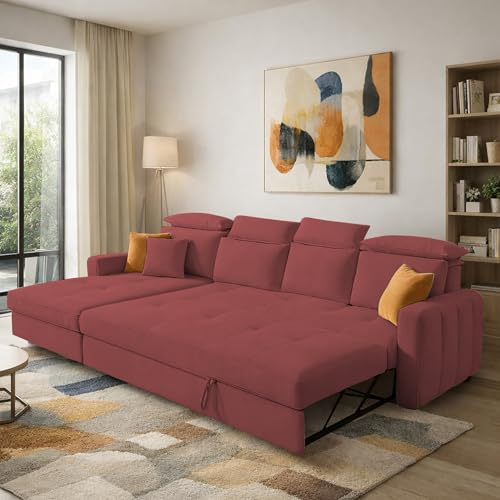 Image of Casaliving Gagnon LHS 6 Seater L Shape Corner Sofa Cum Bed for Living Room (Maroon Fabric) Premium Fabric Sofa