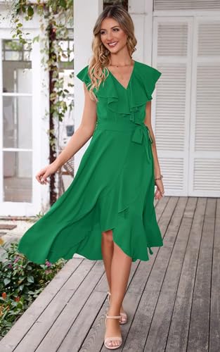 Image of PRETTYGARDEN Women's 2023 Summer Wrap Maxi Dress Casual Boho Deep V Neck Short Sleeve Ruffle Hem Split Beach Long Dresses