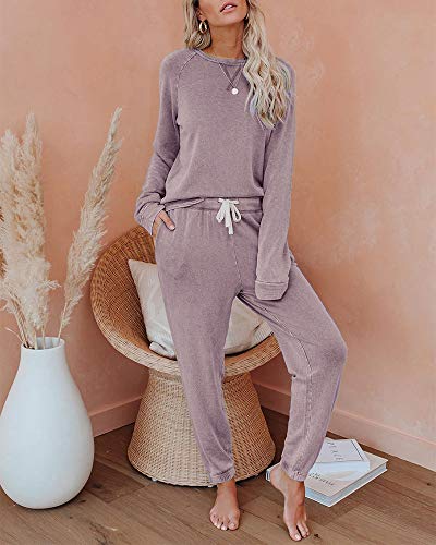 Eurivicy Women's Solid Sweatsuit Set 2 Piece Long Sleeve Pullover and Drawstring Sweatpants Sport Outfits Sets