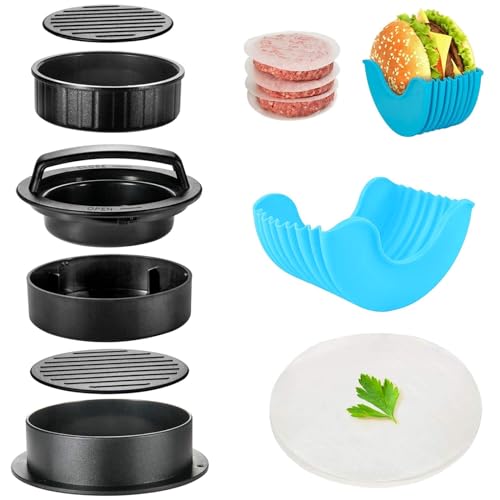 YanBous Set de Prensa para Hamburguesas 3-en-1, incluye Sostenedor Retráctil para Hamburguesas y 100 Discos de Papel Encerado, ideal para Hamburguesas Rellenas, Sliders y Más