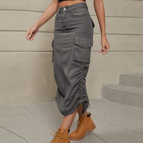 Women's 2025 Denim Cargo Dress Button Down Multi-Pocket Skirt Street Style Cowboy Dresses Ankle Cinched Skirts4