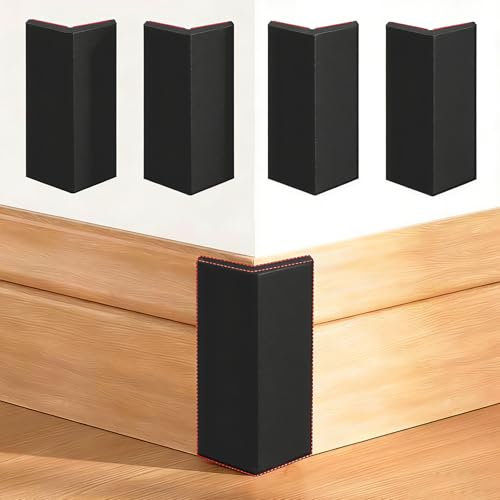 Image of Black Baseboard Corners Blocks Self Adhesive, Thickened Rubber Safety Corner Protectors Cushion, Soft Edge Furniture Wall Guards (4 PCS)