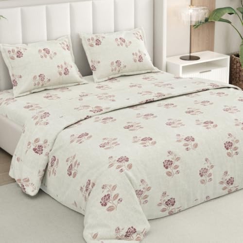 Image of Rivermoor 144 TC Cotton Bedsheet for Double Bed | Queen Size Bed Sheet with 2 Pillow Covers | Beige Floral Pattern | 90 x 100 Inches