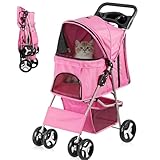 ZENY Foldable Pet Stroller, Cat/Dog Stroller with 4 Wheel, Pet Travel Carrier Strolling Cart with Storage Basket, Cup Holder (Pink)