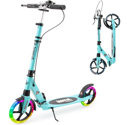 LED Light Up Large Wheels Scooter for Kids Ages 6-12 and Adults with Handbrake, Kick Scooters for Teens 12 Years and Up with Carry Strap and Bell, Easy Fold, Height Adjustable