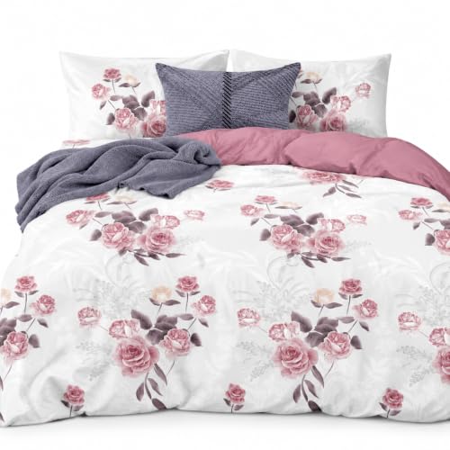 Image of Cotton Bedding Set King Size| 300 TC Double Bed Duvet Cover with Zipper (90x100 in), Double Bed Fitted Bedsheet (72x78+10 in Depth), 2 Pillow Covers (18x28 in) |Warm|DBC 056|White Pink Rose