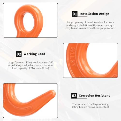 Leero 4409 Lbs (2 Ton) Safety Lifting Hook with Large Opening, G80 Alloy Steel Crane Hook for Equipment Lifting, Harbor Transport, Construction Work, 2 Pack, Orange - Thumbnail 2