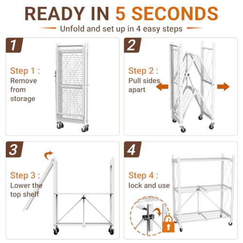 Image of black leopard 3-Tier Foldable Metal Storage Shelf with Wheels, White | Foldable Design; 85 lb Capacity per Shelf; Preassembled Frame; Lockable Casters; Reinforced Metal Construction
