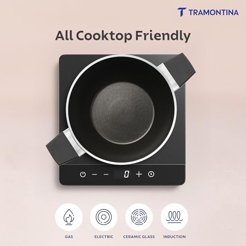 Image of TRAMONTINA Aura Extra Deep 28cm Kadai with Lid, 5.6L | Reinforced Ceramic Non-Stick Cookware | Quick & Even Heating | Low-Oil Cooking | Bakelite Handle | All Cooktop Compatible | Sea Green