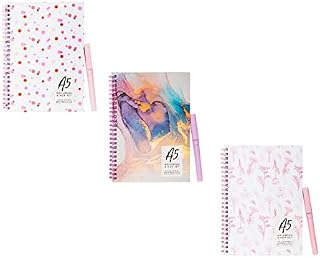 Invero Set of 3 Colourful Decorative A5 Size Wiro Hardback Notebook with Matching Ball Point Pen Set - 70gsm with 80 White Lined Pages - Ideal for Home Writing Notes, Offices, Kids, Shops and more