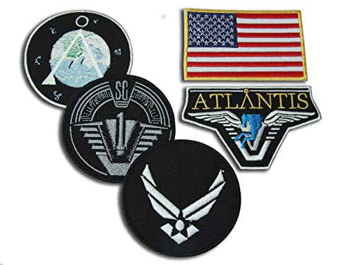 Stargate SG1 Atlantis – Set mit 5 bestickten Abzeichen – Hauptteam-Requisiten-Aufnäher – SG-1, Chevron, Atlantis, US-Flagge und USAF