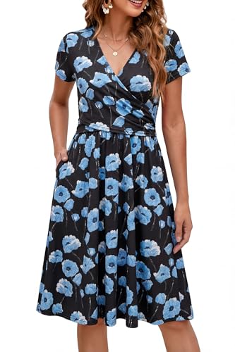 Image of OUGES Maternity Nursing Dress Breastfeeding Short Sleeve V Neck Casual Pregnancy Clothes with Pockets