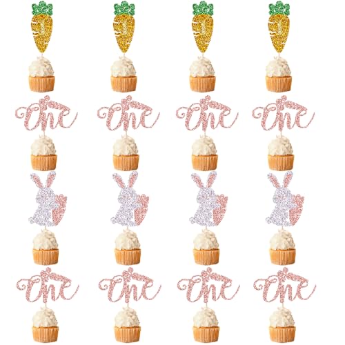 Florcmet 20Pcs Easter Bunny One Cupcake Toppers, Some Bunny is One Birthday Decorations,Spring Easter Party Cake Decorations,Baby Shower 1st Birthday Cake Decorations Supplies