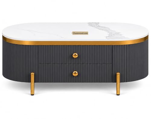 Image of Tesla Centre Table, 42x24x18 Inch, Nano Composite White Marble Top, Gold Accents, 2-Drawer Storage, Oval Design, Waterproof Plywood, PVD Legs, Modern Coffee Table for Living /Entryway
