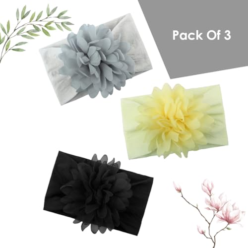 Image of SYGA PACK OF 3 Headbands Nylon Flower Soft Stretchable Hairband for Newborn Infant Toddler Kids For 0-3 Year Black-Beige Yellow-Grey)