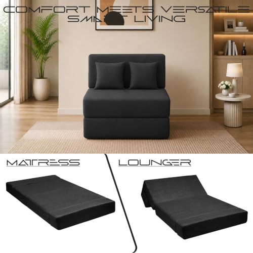 Image of Los Angeles Foldable One Seater Sofa Cum Bed, Sofa Bed 3 X 6 Ft Jute Fabric Washable Cover Including Cushion Perfect for Living Room & Office Guest Room - Black