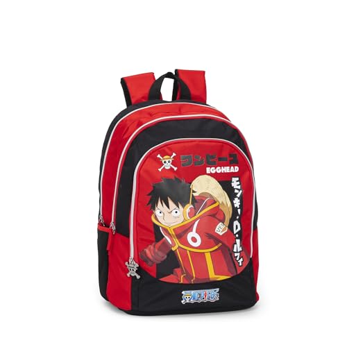 ONE PIECE - Zaino Scuola Ufficiale One Piece, 2 Ampi Vani, 1 Tasca Frontale, 2 Tasche Laterali in Rete, Spallacci Imbottiti, Retro e Fondo Termoformati, Chiusure a Zip, 32x43Hx23cm