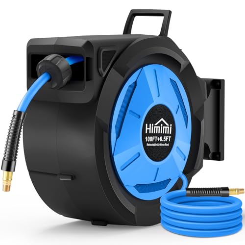 Retractable Air Hose Reel 3/8 x 100 Ft Hybrid Hose Air Compressor Hose Reel with 6.5 Ft Lead-in Max 300 PSI Air Hose with Any Length Lock Automatic Rewind 180 Swivel Bracket Quick Coupler