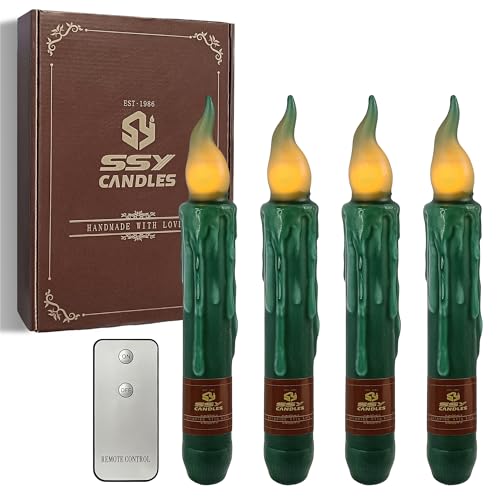 Image of Green Flameless Candle Taper Candlesticks, 4pcs LED Tapered Dipped Candles 6inch Battery Powered Chandelier Remote Candle Sticks for Christmas Vigil Harry Potter (30-Dark Green)