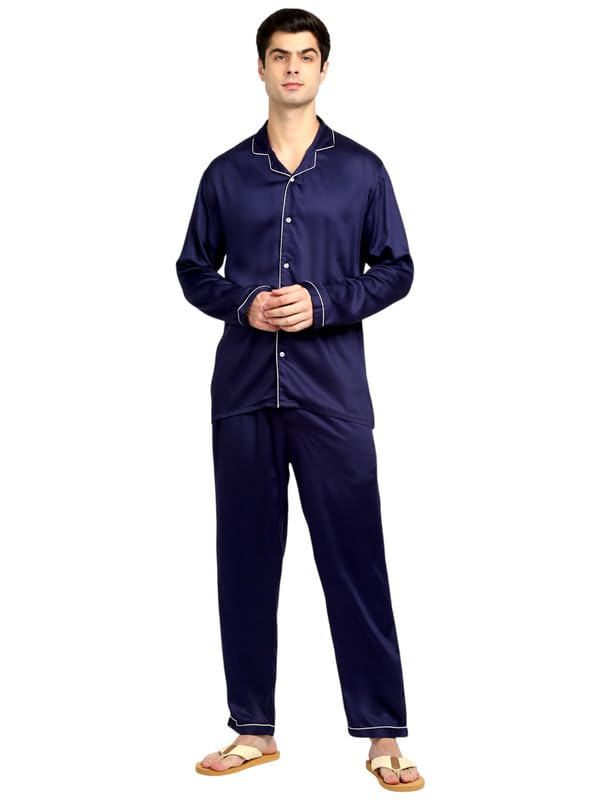 Champagne Modal Satin with Black Piping Long Sleeve Men's Night Suit | Lightweight & Breathable Nightwear Pyjamaset for Mens