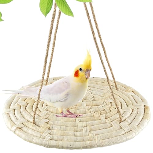 Image of FlidRunest Bird Swing Hammock Bed, Natural Corn Woven Parrot Hammock Swing Mat, Hanging Bird Climbing Perch Mat, Relieve Boredom Chewing Toy for Birds Parakeets Lovebirds Cockatiels Conure, yellow