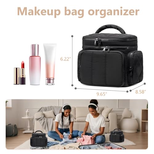 LEDAOU Toiletry Bag for Women,Quilted Travel Makeup Bag Organizer with Double Deck, Large Wide-open Cosmetic Make up Bag for Travel Essentials (Black Puffy)
