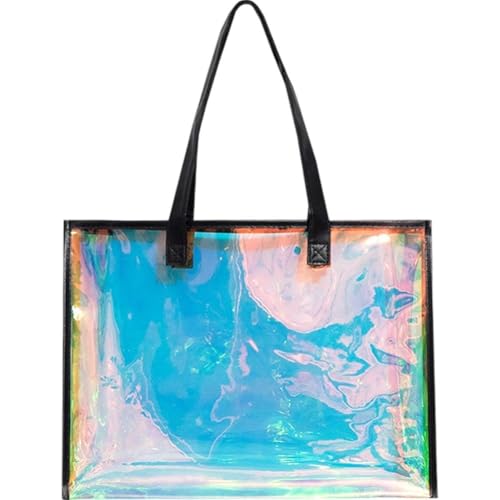 Large Holographic Tote Bags with Handles Iridescent Beach Bags Waterproof Handbag Clear Beach Tote Bag for Work Stadium Travel