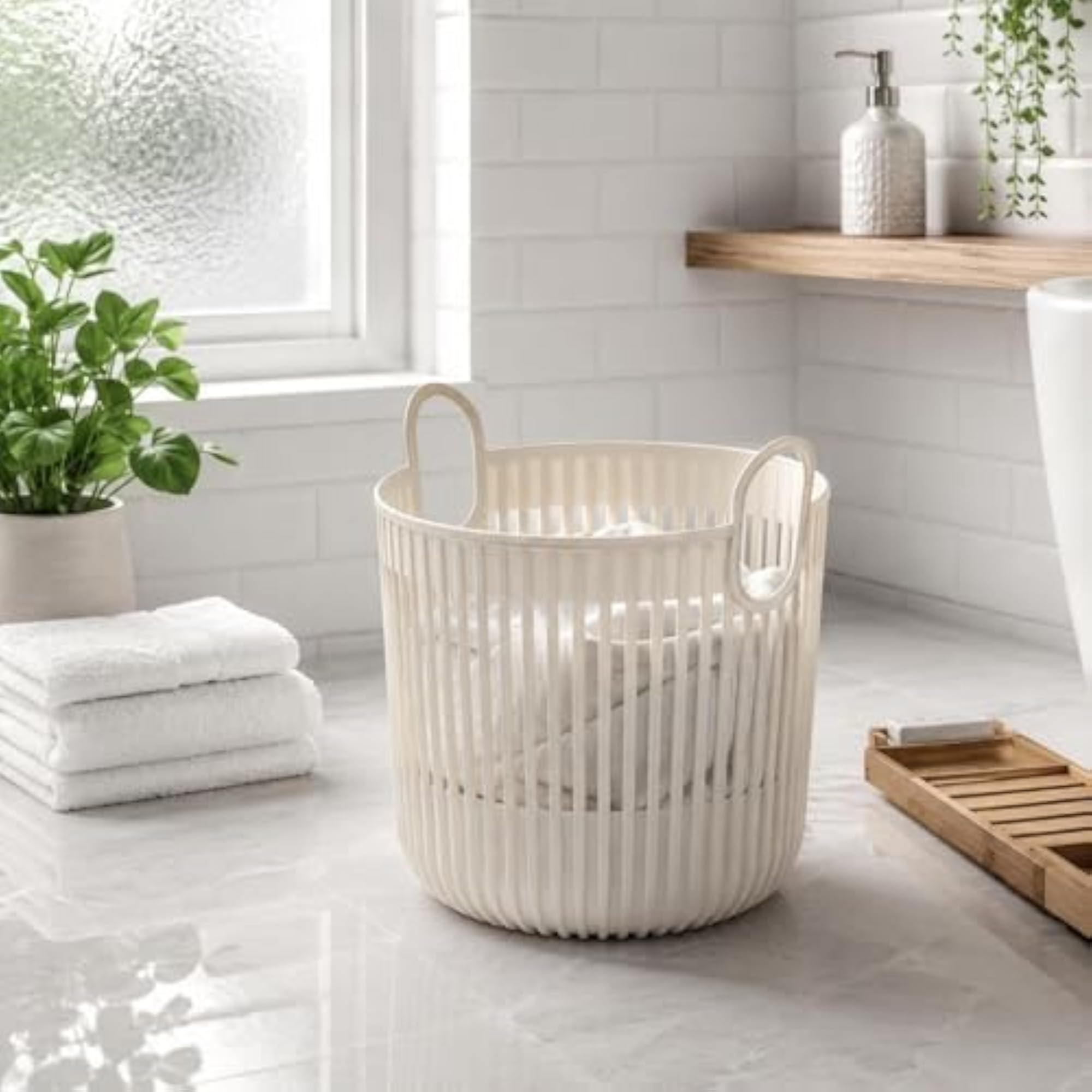 Openwork Slatted Laundry Basket, Black, Small