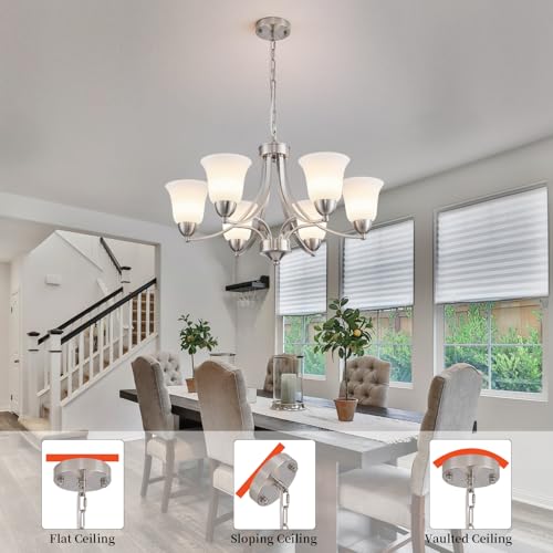 Image of 6 Lights Brushed Nickel Dining Room Light Fixture Farmhouse Modern Chandelier Pendant Light Silver Adjustable Ceiling Hanging Lighting with Frosted Glass for Kitchen Island Living Room Foyer