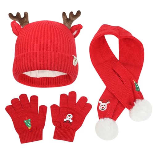 Juego de 3 piezas de Navidad para bebés con gorro de pompón, bufanda, guantes, como dulce idea de regalo para la estación fría, rojo, Talla única