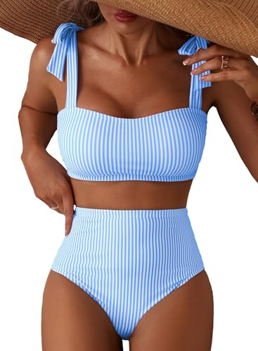 Herseas Women's Striped Bikini Sets Shoulder Strap Knot Removable Pads