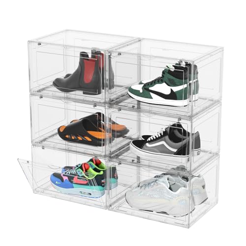 Yesdate Large 6 Pack Shoe Storage Box, Plastic Stackable Shoe Organizer for Entryway, Sneaker Containers Bin Display Case with Magnetic Door, Clear