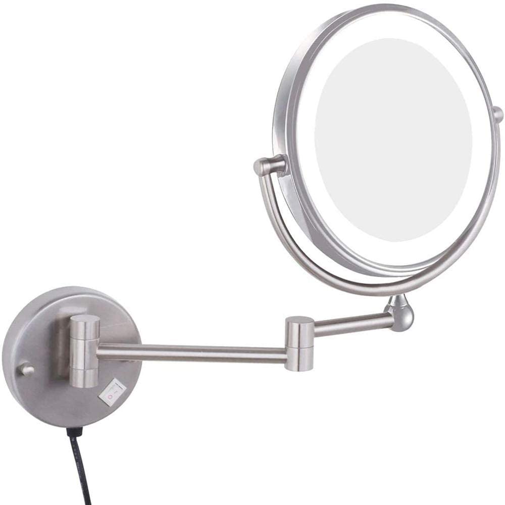 Espejo de maquillaje Montaje en pared Giratorio de 360 ° Doble Cara 1X 10X Aumento Espejo de baño con Luz LED Forma Redonda extensible Espejo de belleza plegable 8 pulgadas