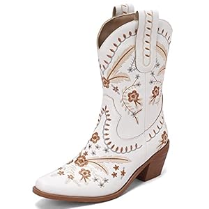 LIPIJIXI Damess Embroidered CowgirL Laarzen Pull On Cowboy Laarzen voor dames Bloemen Low Chunky Heel Western Laarzen