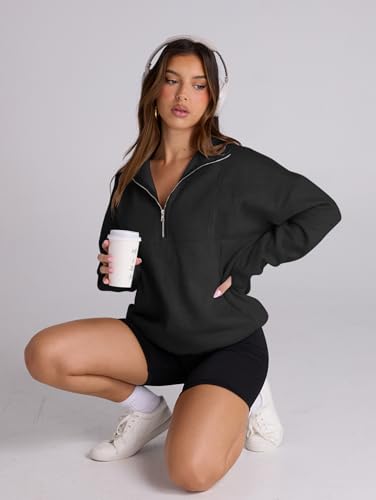 Famulily Women Half Zip Long Sleeve Pullover Sweatshirts Solid Relaxed Fit Winter Fleece Hoodies with Pocket S-XL - Image 4