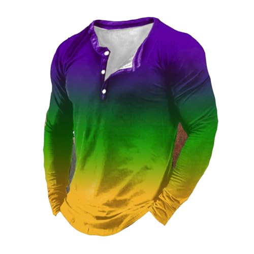 Mens Retro Mardi Gras Purple Green And Gold Gradient Print Button Long Sleeve