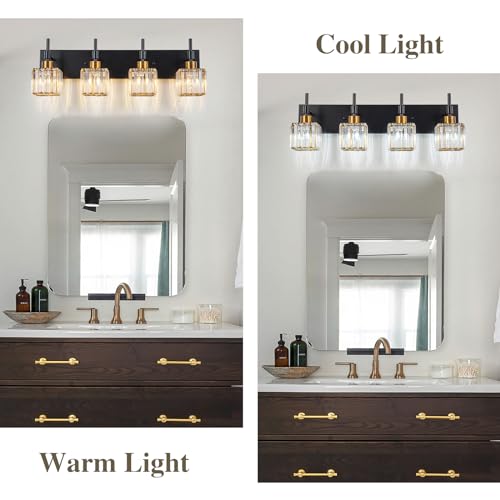 Image of Black and Gold Bathroom Light Fixture,4-Lights Crystal Vanity Lights Fixtures with Square Crystal Shade Metal Base,Modern Black and Brass Bathroom Lights Over Mirror