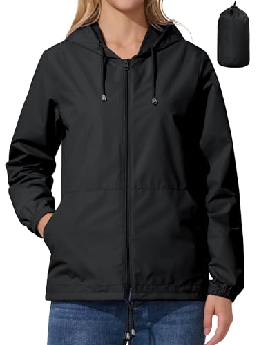 UIQUR Womens Rain Jacket Lightweight Windbreaker Waterproof Raincoat Cycling Running Hiking Gear Hood Packable Black M