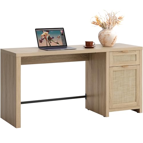 Image of SICOTAS 59 inch Rattan Computer Desk Wood Desk, Home Office Desk with Drawer | Large Boho Farmhouse Writing Table Vanity Desk with Cabinet for Office, Study, Living Room, Dining Room