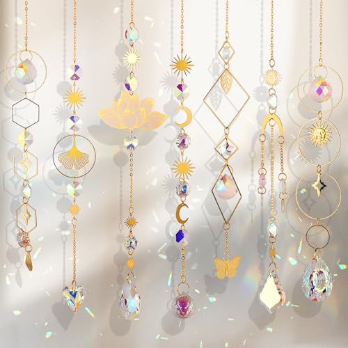 7 Stück Sonnenfänger, Sonnenfänger Kristall Hanging Windspiel Suncatcher Fensterdeko Hängend Geburtstag Basteln Regenbogen Sonnen Mond für Gartendeko Haus Hochzeit Dekoration