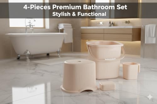 Image of MODWARE Bathroom Set, Pack of 4, Bucket, Mug, Soap Case, Stool, 20L, Polypropylene (Cream)