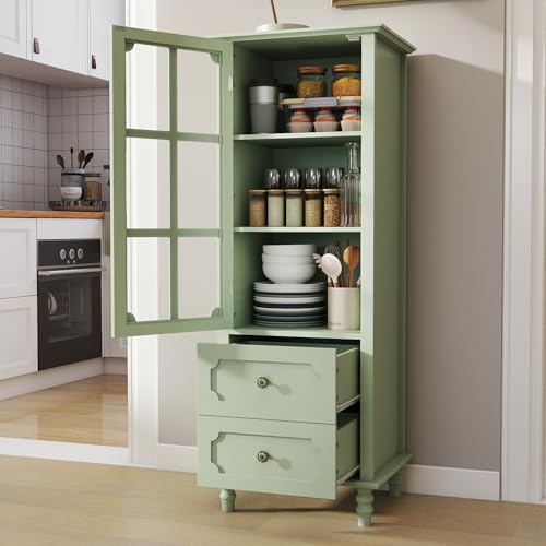 Sedgeria Kitchen Narrow Cabinet Slim Display Cabinet with Glass Door and 2 Drawers, Tall Cupboard for Living Room Dining Room Office, Mint Green