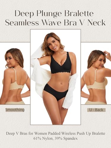 Image of Seamless Wavy Bra Wireless Jelly Bralette Low Cut Deep V Neck Bras | Adjustable Straps, Sexy Plunge Bra, Removable Pads, High Elastic Fabric, Scalloped Edges, Deep V Bras for Women No Underwire