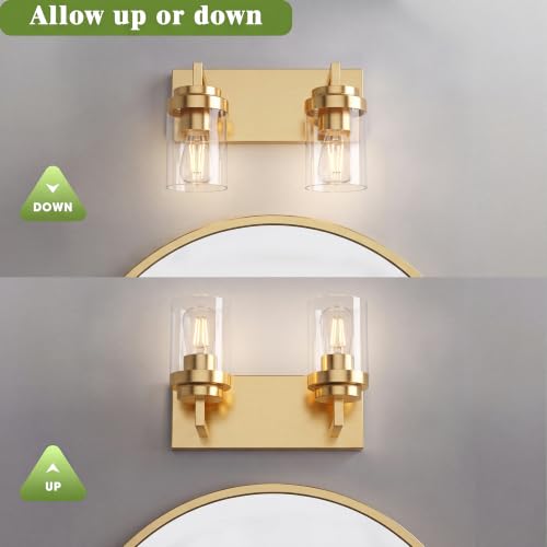 Image of Bathroom Vanity Fixtures, 2 Light Matte Gold Vanity Light with Clear Glass Shade, 15in Farmhouse wall Light, Lighting Fixture Over Mirror for Bathroom