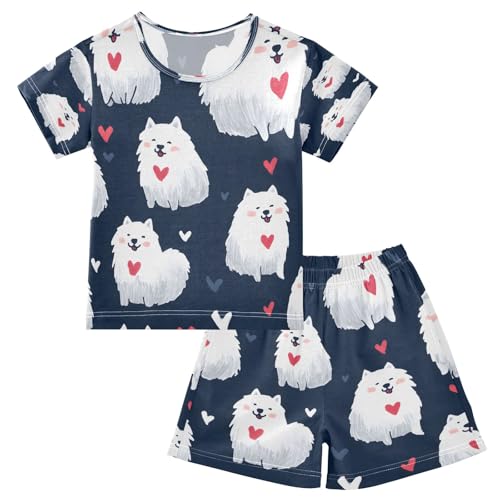 Samoyed Heart Pattern Kids Pjs Set Boys Girls Summer Short-Sleeve Sleepwear Pajamas 2PCS