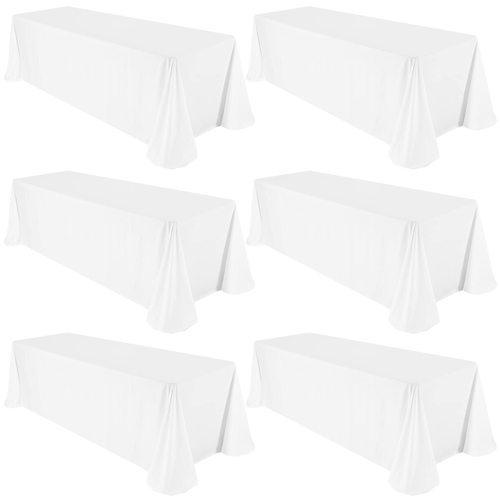 6 Pack Polyester Tablecloths, White 90 x 132 Inch Polyester Table Cloth for 8 Foot Rectangle Tables, Stain and Wrinkle Resistant Washable Fabric Table Cover for Wedding Banquet Restaurant Party